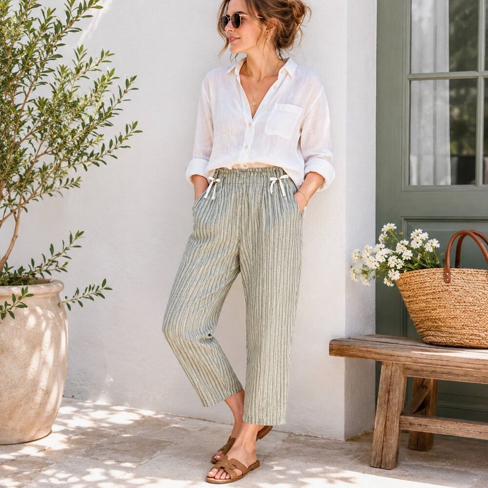 Anthropologie 100% Linen Striped Ankle Pants Womens 27 Coastal Beach Vacation